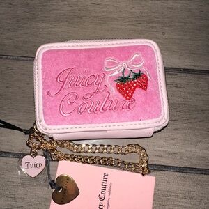 Juicy Couture Pink Velvet Strawberry Card & Key Holder with Gold Chain